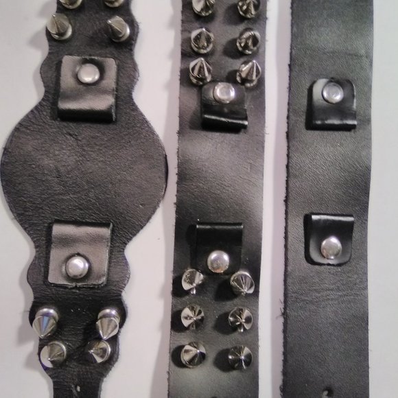 Lot of 3 Black Genuine Leather Spike & Studded Watch Bracelet- Unisex - Picture 3 of 3